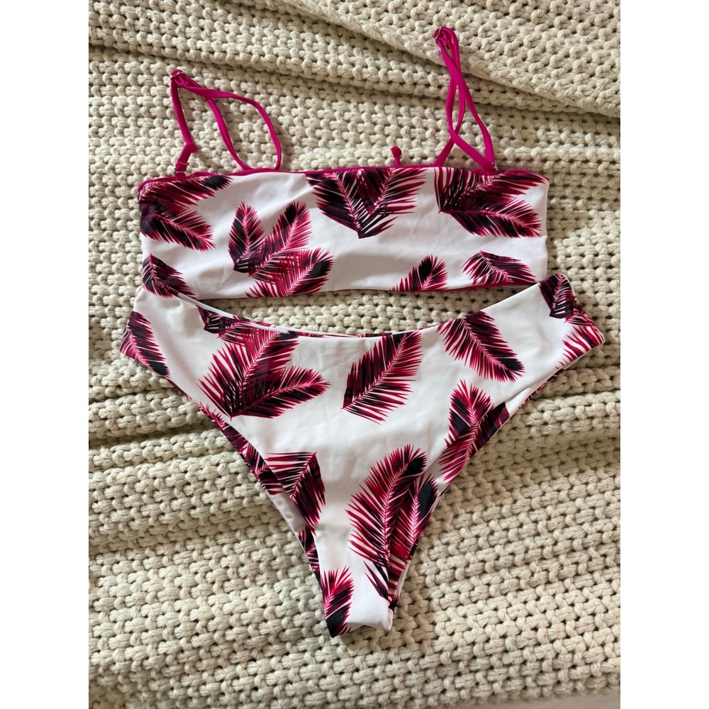 Shein Womens Reversible Palm Print Bikini Set Pink White Strapless Large